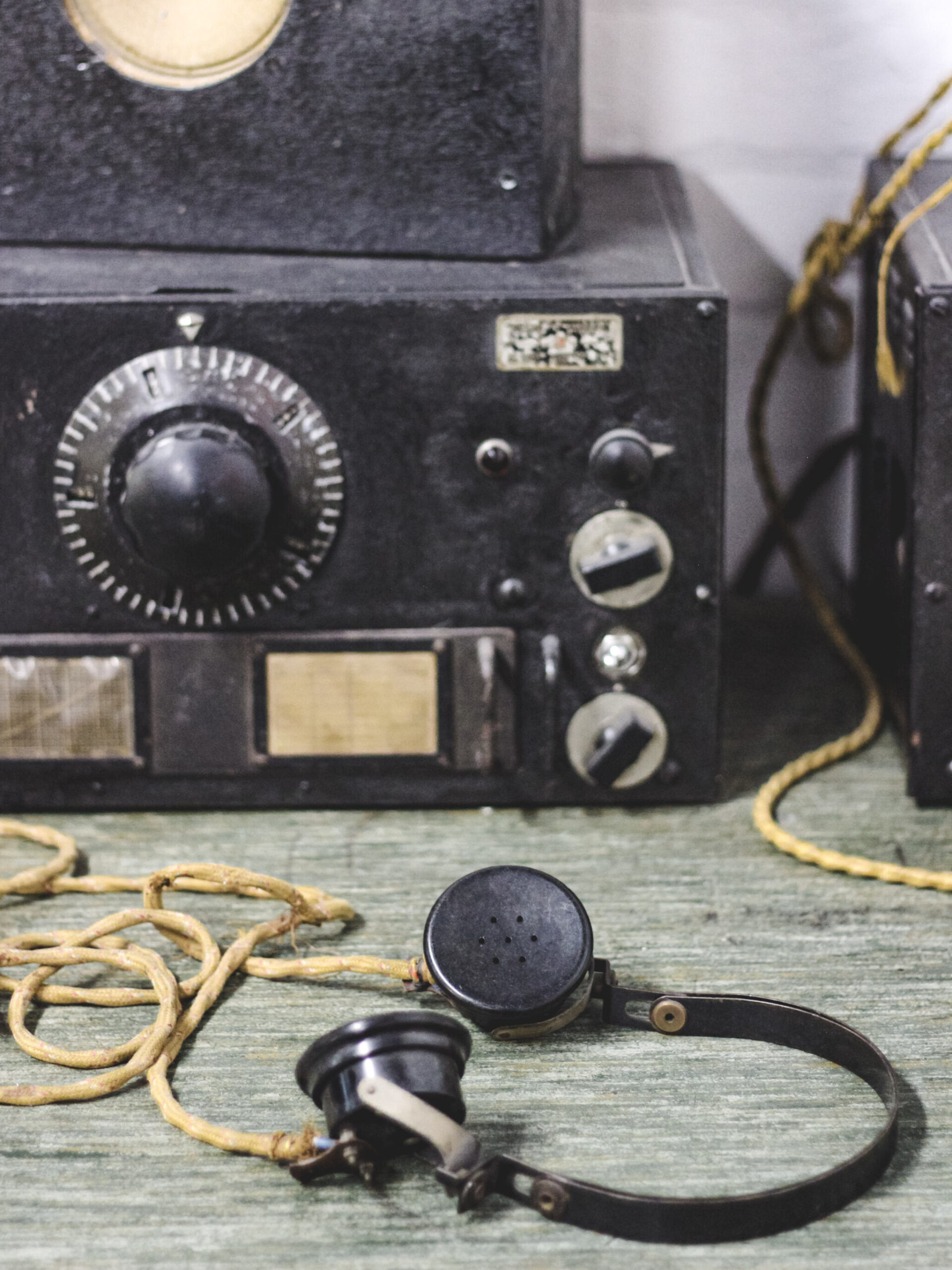 A set of headphones plus into a radio machine at Bletchley Park
