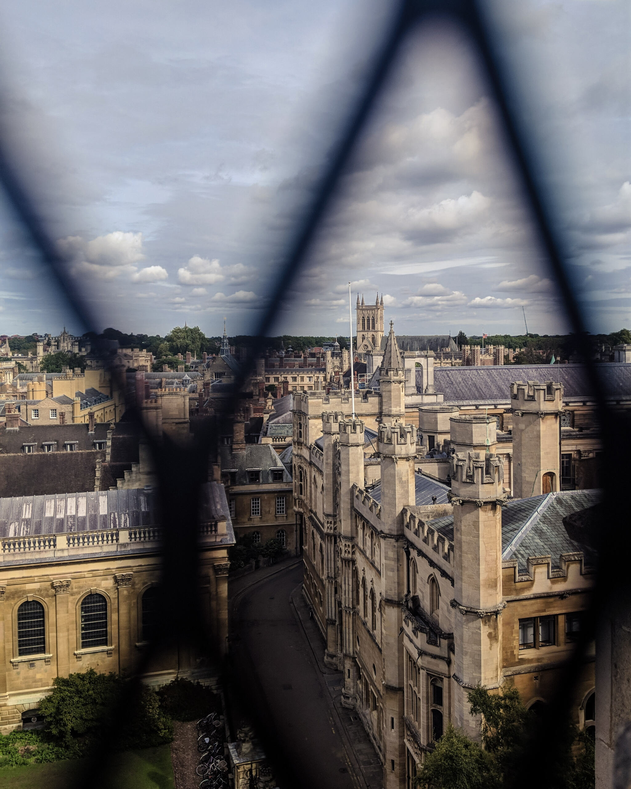 Aerial view of Cambridge from behind a diamond window